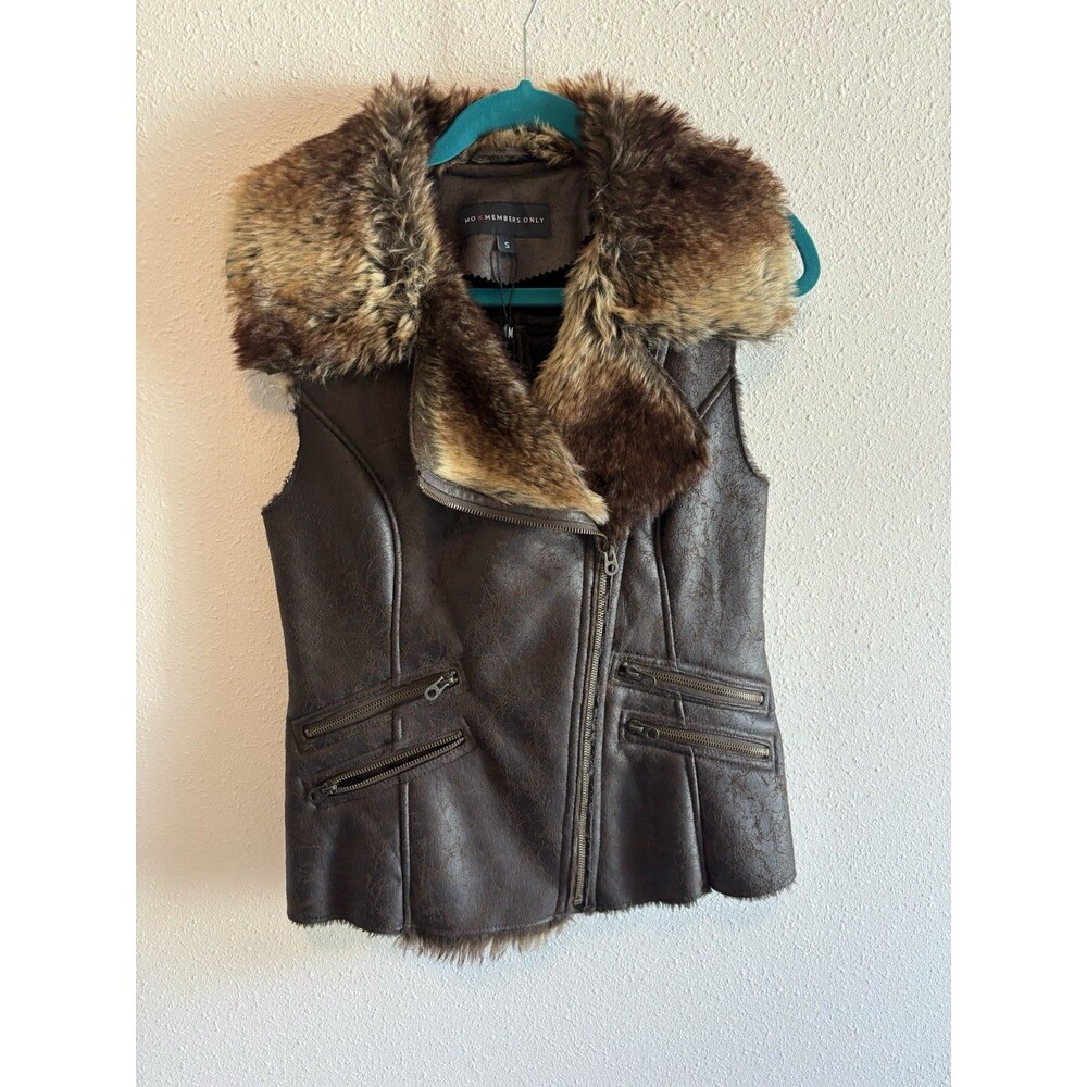 NWT MO X MEMBERS ONLY Brown Distressed Faux Leather Vest Fur Trim Moto Small